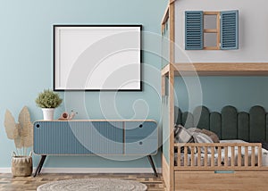 Empty horizontal picture frame on blue wall in modern child room. Mock up interior in contemporary, scandinavian style