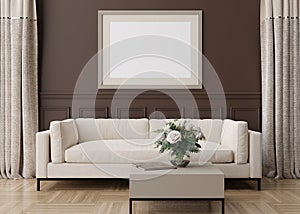 Empty horizontal picture frame on brown wall in modern living room. Mock up interior in classic style. Free, copy space