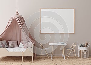 Empty horizontal picture frame on cream wall in modern child room. Mock up interior in scandinavian style. Free, copy