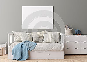 Empty horizontal picture frame on gray wall in modern child room. Mock up interior in scandinavian style. Free, copy