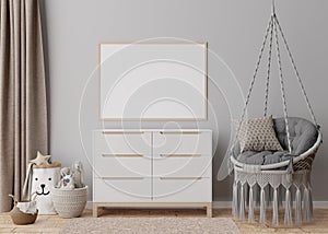 Empty horizontal picture frame on gray wall in modern child room. Mock up interior in scandinavian style. Free, copy