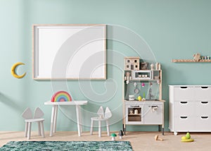 Empty horizontal picture frame on mint blue wall in modern child room. Mock up interior in scandinavian style. Free