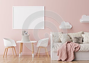 Empty horizontal picture frame on pink wall in modern child room. Mock up interior in scandinavian style. Free, copy