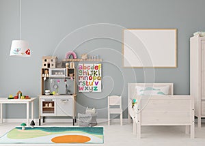 Empty horizontal picture frame on the wall in modern child room. Mock up interior in contemporary, scandinavian style