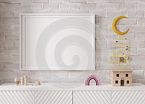 Empty horizontal picture frame on white brick wall in modern child room. Mock up interior in scandinavian style. Free