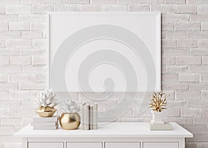 Empty horizontal picture frame on white brick wall in modern living room. Mock up interior in minimalist, scandinavian