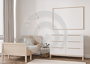 Empty horizontal picture frame on white wall in modern child room. Mock up interior in scandinavian style. Free, copy