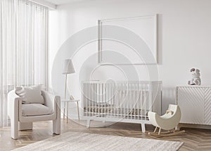 Empty horizontal picture frame on white wall in modern child room. Mock up interior in scandinavian style. Free, copy