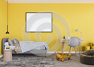 Empty horizontal picture frame on yellow wall in modern child room. Mock up interior in contemporary, scandinavian style