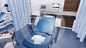 Empty hospital bed in emergency room of clinic 3D