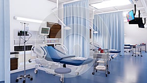 Empty hospital bed in emergency room interior 3D