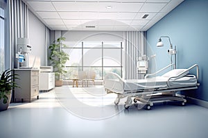 Empty hospital bed for patient. Interior of intensive care unit at hospital.