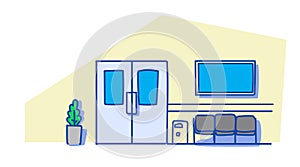 Empty hospital clinic hall with seats and doors empty no people corridor polyclinic interior sketch doodle horizontal photo