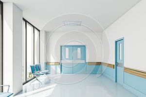 Empty hospital corridor with chairs