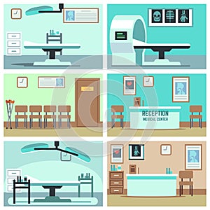 Empty hospital, doctor office, surgery room, clinic vector interiors set