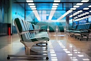 Empty hospital waiting room with blue chairs