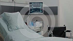 Empty hospital ward with heart rate monitor and bed