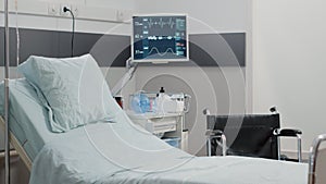 Empty hospital ward with heart rate monitor and bed