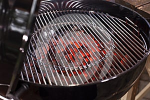 Empty Hot Charcoal Barbecue Grill With Flame.