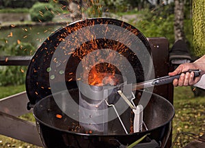 Empty Hot Charcoal Barbecue Grill With Flame.