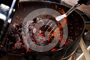 Empty Hot Charcoal Barbecue Grill With Flame.