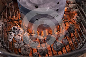 Empty Hot Charcoal Barbecue Grill With Flame.