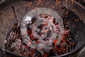 Empty Hot Charcoal Barbecue Grill With Flame.