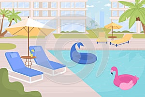 Empty hotel poolside with equipment for rest flat color vector illustration