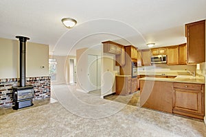 Empty house interior. Living room with kitchen area