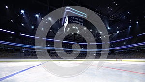 Empty ice hockey arena indoor playground view illuminated by spotlights