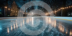 Empty ice rink with Christmas tree at night