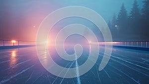 Empty ice rink shrouded in fog at night with dramatic lighting