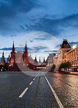 Empty illuminated Red Square and Kremlin, Moscow, Russia