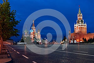 Empty illuminated Red Square and Kremlin, Moscow, Russia