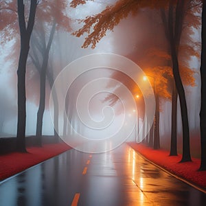 An empty illuminated rural paved road among trees and a village in the fog on a rainy autumn day