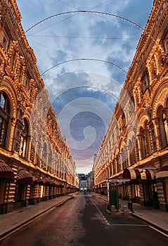 Empty illuminated street near Red Square and Kremlin, Moscow, Russia