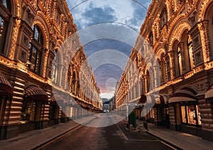 Empty illuminated street near Red Square and Kremlin, Moscow, Russia