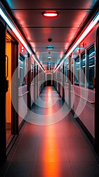 Empty illuminated train corridor with red and blue lights at night
