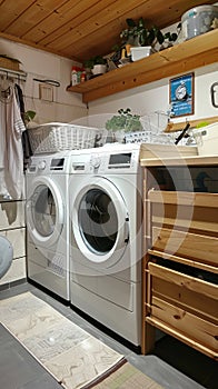 Empty indoor laundry room with washing machine and dryer