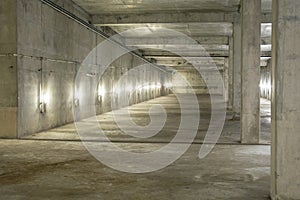 Empty industrial garage room interior with concrete