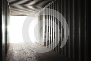 Empty Inside Blank Cargo Container Truck. Abstract Dark Space Background.