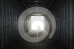 Empty inside blank cargo container truck. Abstract space dark background.