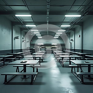 Empty Institutional Cafeteria with Rows of Tables and Benches dining hall