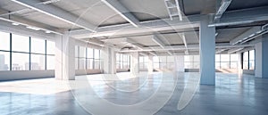 Empty interior of commercial building or modern wide open space hall with large windows and city view. Generative AI
