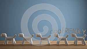 Empty interior design concept, wooden table or shelf with line of five stylized dogs, dog friendly concept, love for animals,