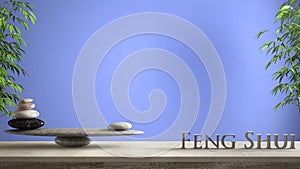 Empty interior design concept zen idea, wooden vintage table or shelf with marble stone balance and 3d letters making the word fen