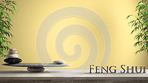 Empty interior design concept zen idea, wooden vintage table or shelf with marble stone balance and 3d letters making the word fen