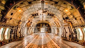 Empty interior of a military transport aircraft.