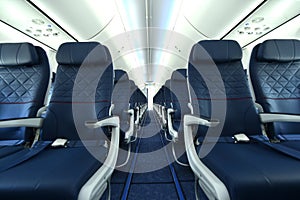 Empty interior of modern airplane Boeing 737-8 Max with blue seats and no passangers.