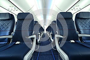 Empty interior of modern airplane Boeing 737-8 Max with blue seats and no passangers. photo